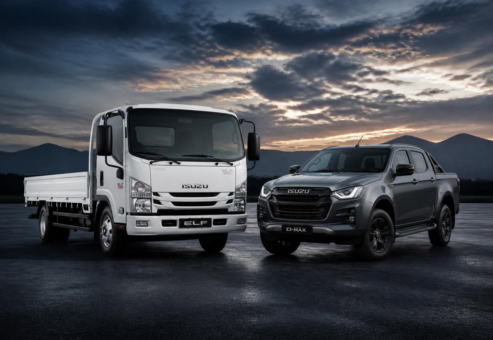 Camión ISUZU y pickup ISUZU D-MAX nuevos al atardecer