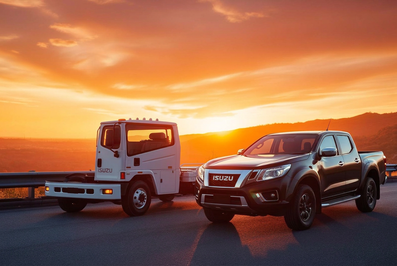 Camión ISUZU y pickup ISUZU D-MAX nuevos al atardecer